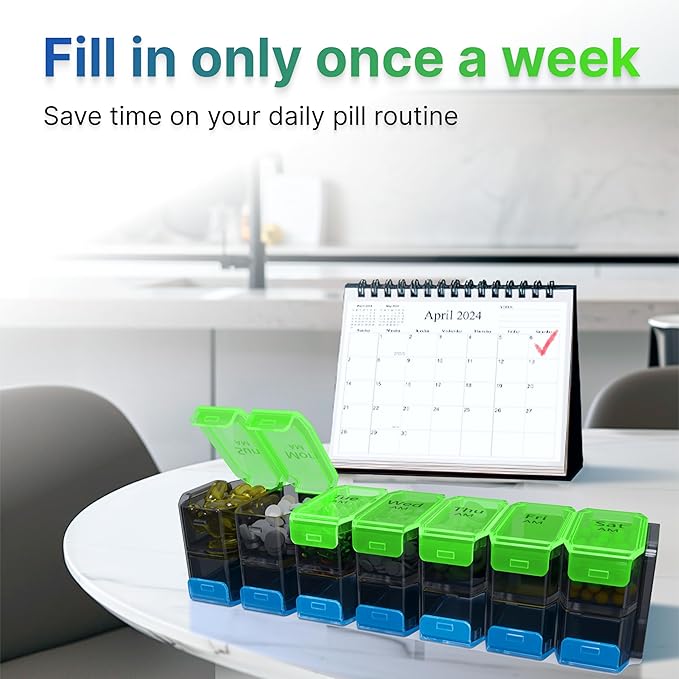 Extra Large Pill Organizer 2 Times a Day – XL Pill Box 7 Day with Big AM/PM Compartments – Fits Large Vitamins, Supplements & Gummies, for 7 or 14-Day Use, Color-Coded, Senior-Friendly, No Spills