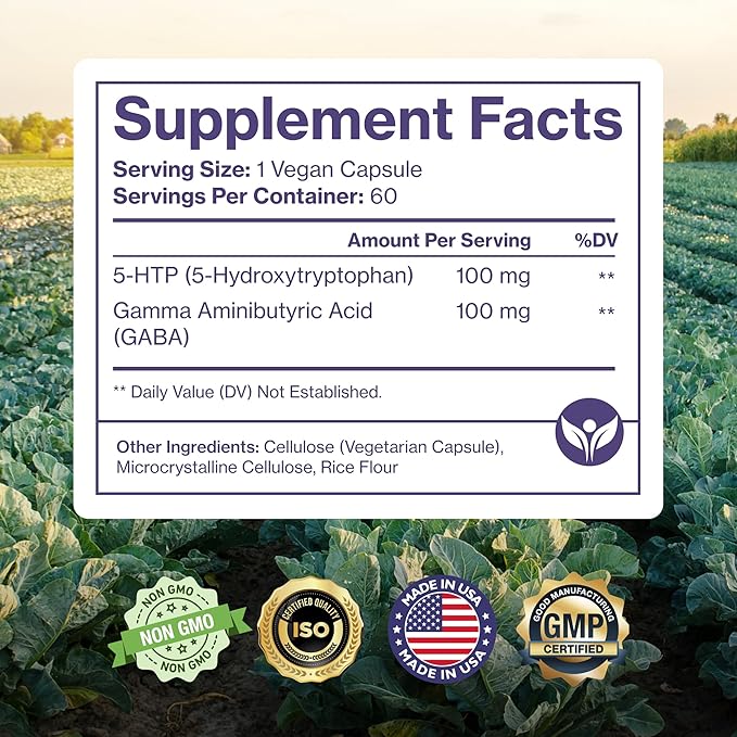 Pure 5-HTP (5-Hydroxytryptophan) Plus GABA Supplement - for Sleep, Mood & Stress Management - 60 Veggie Caps
