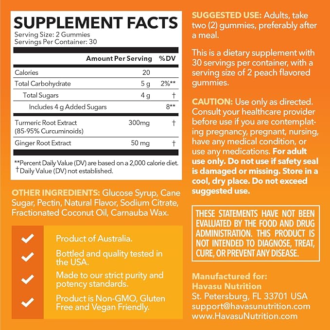 Turmeric Gummies with Ginger Root Extract - Digestive Health and Immune Support Supplement for Overall Wellness - 60 Count - Vegan, Non-GMO Curcumin Vitamin - Peach Flavor, 1 Month Supply