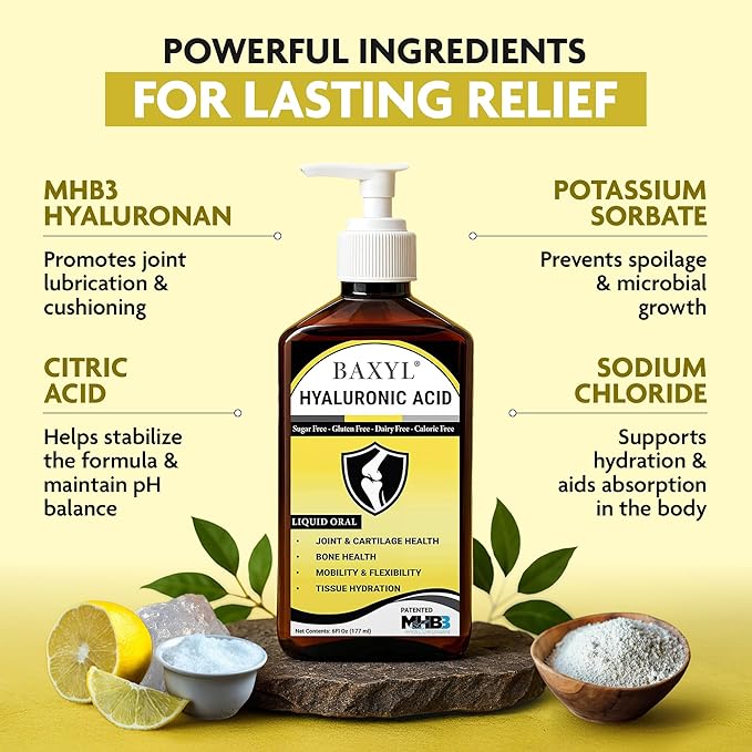 BAXYL Liquid Hyaluronic Acid Supplement - Natural Citric Acid, Potassium Sorbate Ingredients Formulated Flavorless Syrup - Provide Healthy Cartilage & Bone Formation - 3 Bottles of 6 Fl Oz