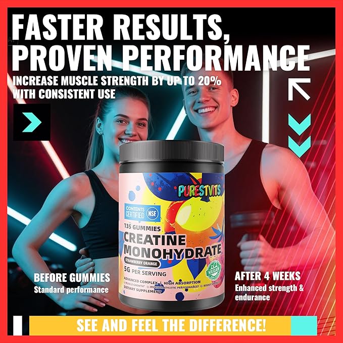 NSF Certified Creatine Gummy 5g - Creatine Monohydrate Gummies – Pre-Workout Energy & Muscle Growth Support for Men & Women | Strawberry Orange Electrolyte Gummies (135 Count)