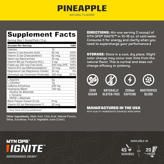 MTN OPS Ignite Sugar Free Energy Drink Powder Trail Packs with 200mg Caffeine, Travel Pre Workout Packets for to-Go Energy, Nootropic Blend, L Arginine & L Citrulline, 20 Servings, Pineapple Crush