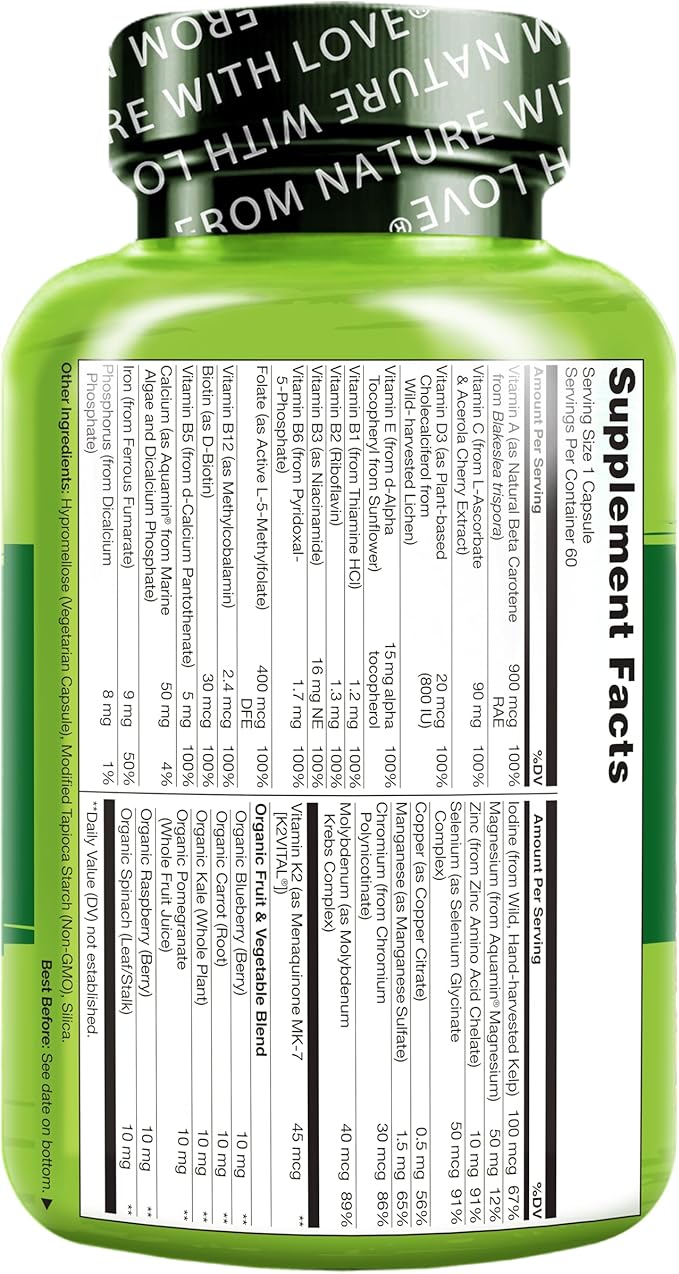 NATURELO One Daily Multivitamin for Women w/Vitamin B12, 60 Ct, Energy Support, Whole Food Daily Women Multivitamin Supplement, Nourish Hair/Skin/Nail, Non-GMO, No Soy, Gluten Free, 2 Month Supply