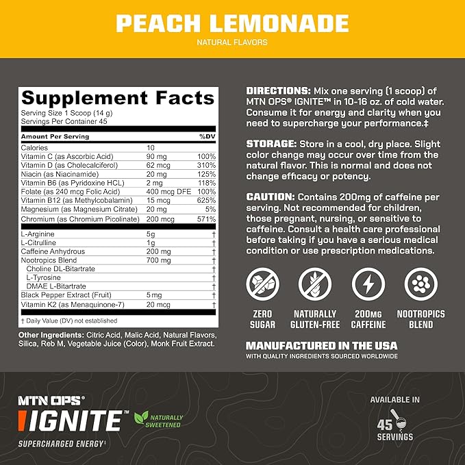 MTN OPS Ignite Sugar Free Energy Drink Powder Naturally Sweetened with Monk Fruit, 200mg Caffeine, Nootropic Blend for Energy, Focus & Endurance, L Arginine & L Citrulline, 45 Servings, Peach Lemonade