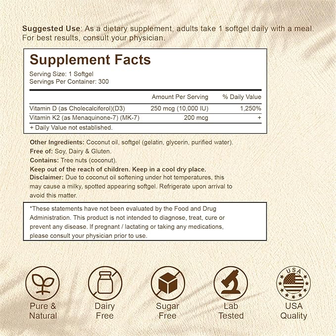 2-in-1 Vitamin D3 K2 Supplement Softgel, Vitamin D3 10000 IU and Vitamin K2 200 mcg, K2 MK7 with D3 Vitamin Supplement Support Immune, Heart, Joint, Teeth & Bone Health