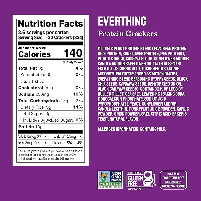 Milton's Protein Crackers, Everything - 10g of Plant-Based Protein Per Serving, Gluten Free, Non-GMO Project Verified, Vegetarian-Friendly, Zero Grams Added Sugar Per Serving, 4.25 Oz, Pack of 2