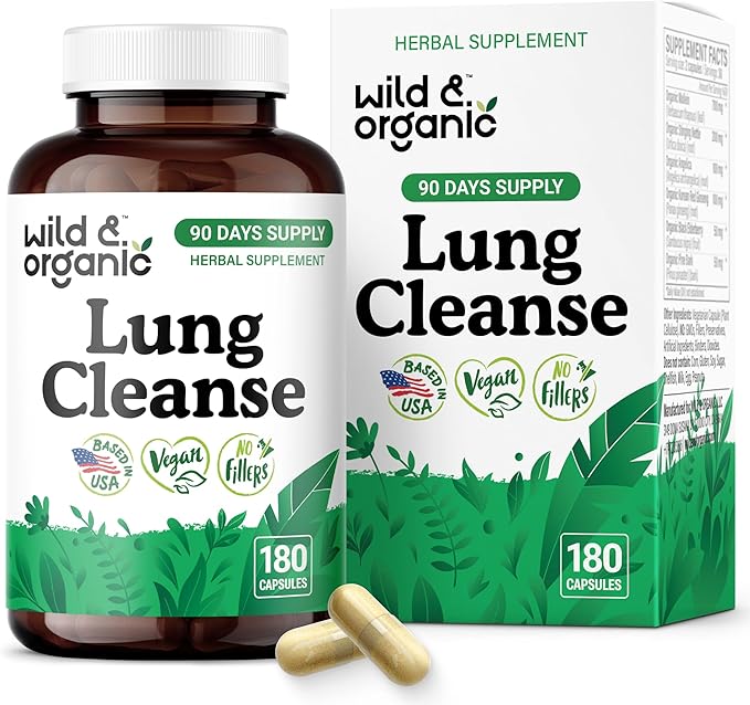 Wild & Organic Lung Cleanse Capsules - Lung Support Supplement with Mullein Leaf, Stinging Nettle, Angelica & Korean Panax Ginseng - Vegan, No Fillers, Non-GMO - 180 Count