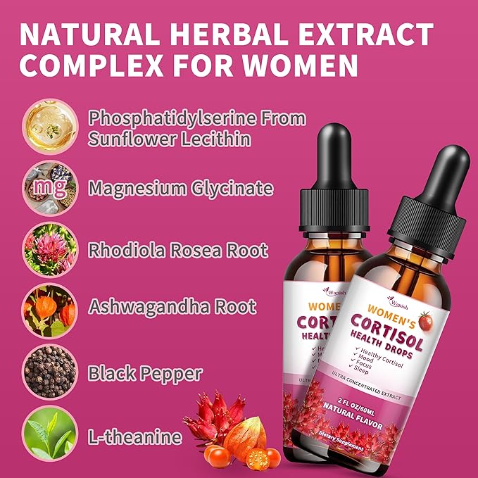 Cortisol Supplements for Women Liquid Drops, Natural Herbal Extract Complex for Women, Maintain Healthy Cortisol Levels - 60 Day Vegan Supply