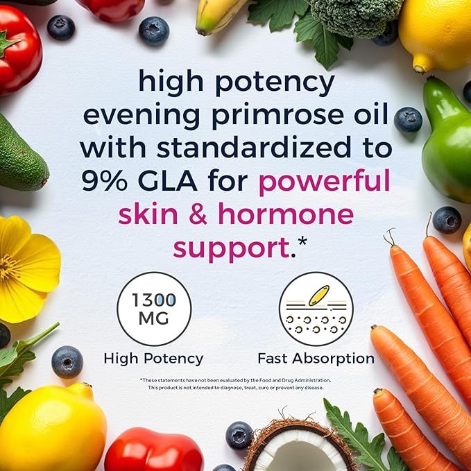 Vitalitown Evening Primrose Oil 1300mg, Cold-Pressed Seed Oil, Standardized 9% GLA (Gamma-Linolenic Acid), Healthy Skin & Hormonal Balance for Women, Non GMO, 60 Softgels