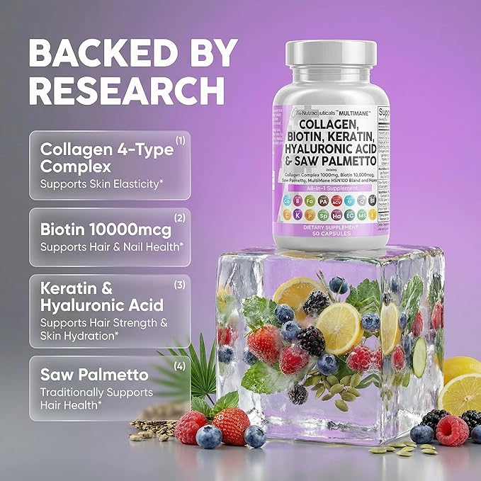 Clean Nutraceuticals Collagen Pills 1000mg Biotin 10000mcg Keratin Saw Palmetto Hyaluronic Acid - Hair Skin & Nails Vitamins & DHT Blocker with Vitamin E Folic Acid Pumpkin Seed MSM - 90 Count