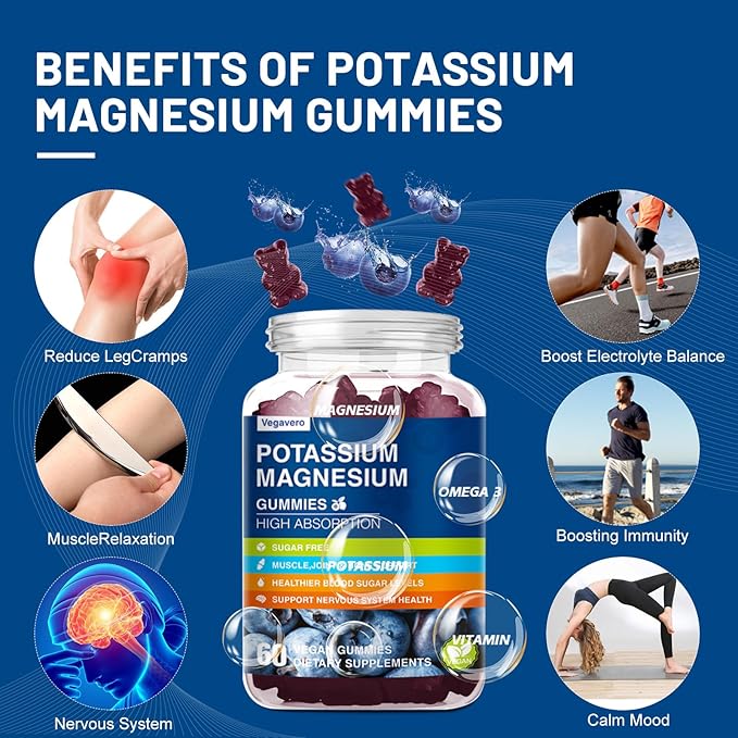 Potassium Magnesium Gummies - Magnesium Glycinate B6,D3 & Potassium Citrate for Leg Cramps,Muscle,Electroyte for Adults Kids,Sugar-Free - 60 Blueberry Gummies