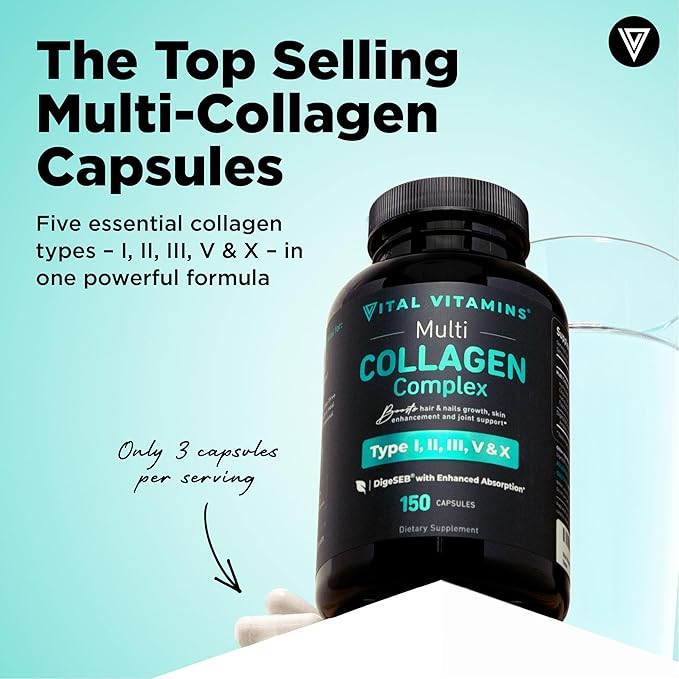 Vital Vitamins Multi Collagen Capsules - Type I, II, III, V, X - Grass-Fed, Collagen Peptides Supplements, Non-GMO - for Men & Women - 150 Count