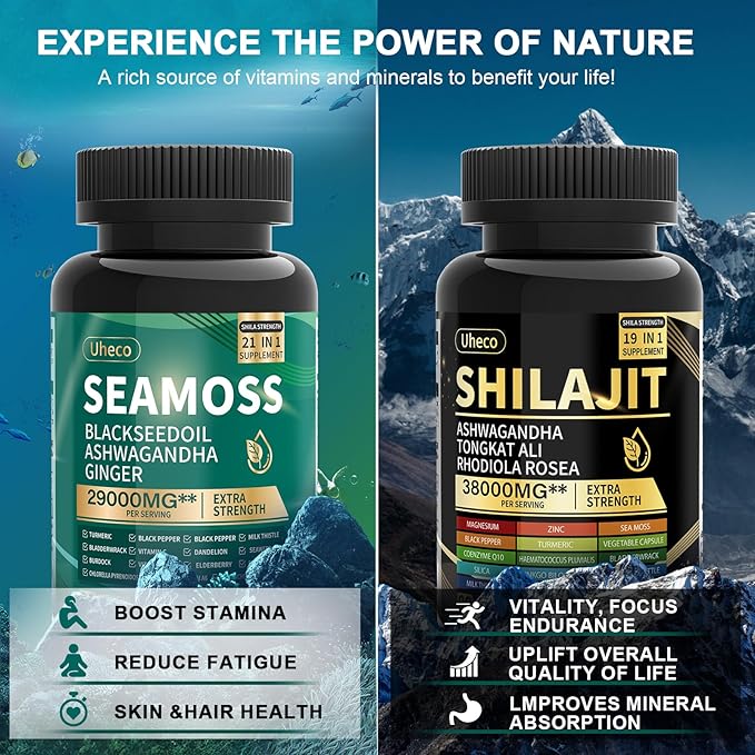 Shilajit and Sea Moss Vitality Bundle, Sea Moss 11000 mg, Shilajit 20000 mg, Black Seed, Ashwagandha, Turmeric, Bladderwrack, Burdock, Tongkat Ali, All in 1 Mineral Supplements