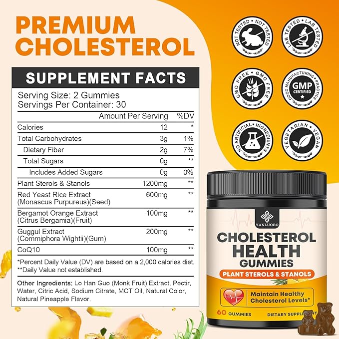 Cholesterol Supplements Gummies, Support Healthy Cholesterol Levels with 1200mg Plant Sterols & Stanols, Bergamot Orange Extract, Red Yeast Rice for Women & Men, Pineapple Flavor, 60 Counts (2 Pack)