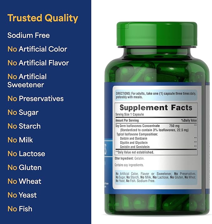 Puritan's Pride Non-GMO Soy Isoflavones 750mg, Dietary Supplement with Active Daidzein, Genistein, and Glycitein Supports Menopause and Hot Flashes, 120 Rapid Release Capsules