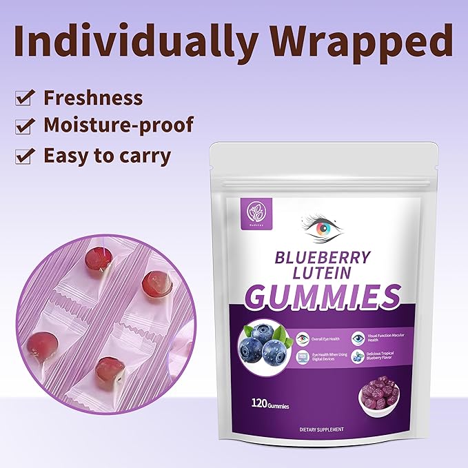 Hudetex Blueberry Lutein Gummies with 120 Count - 2 Month Supply, Eye Health Support Supplement for Kids and Adult, Contains Blueberry Juice (30 mg/Gummy) & Lutein (20 mg/Gummy)