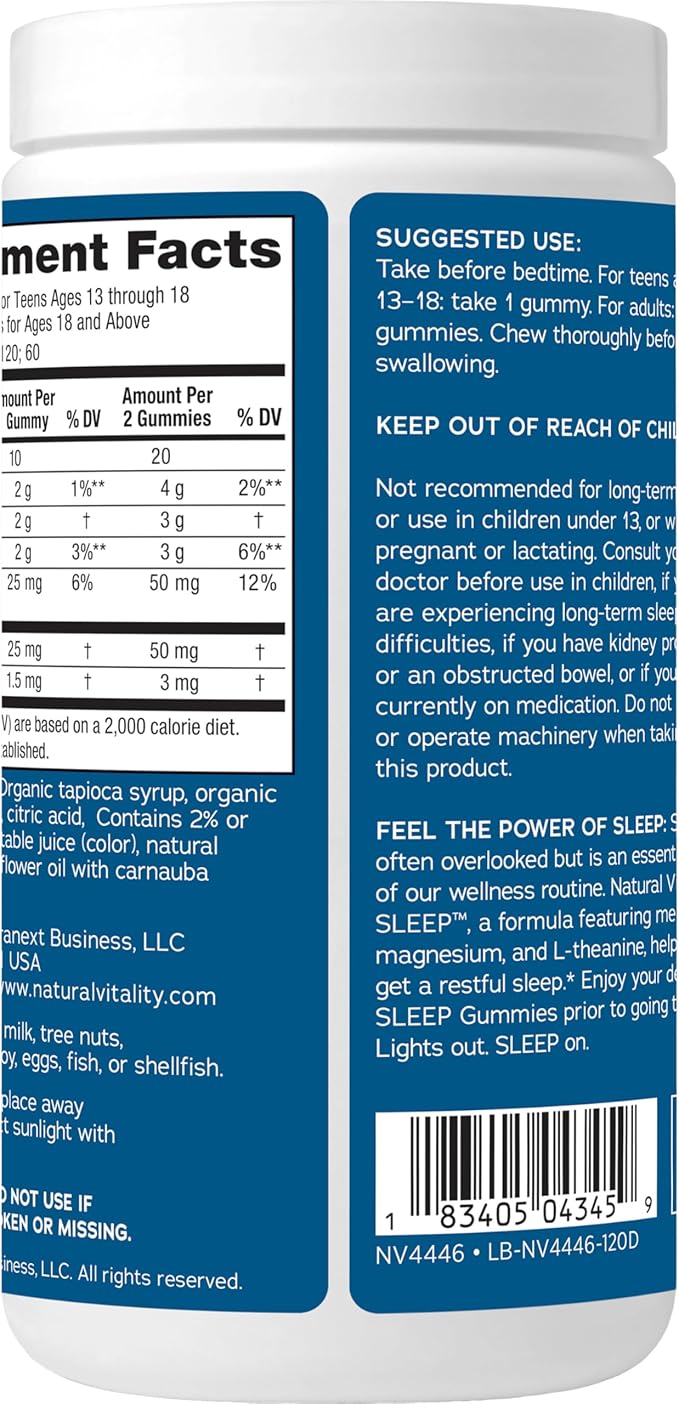 Natural Vitality Sleep Gummies, Magnesium Supplement with Melatonin and L-Theanine, Vegan, Gluten Free, Helps The Body Ease Into Sleep, Blueberry Pomegranate 120 Count (Pack of 2)