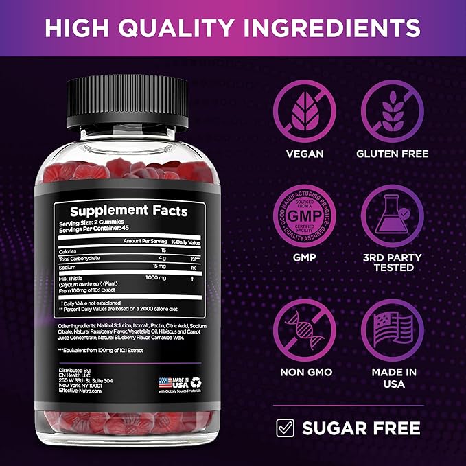 Effective Nutra Milk Thistle Gummies | Sugar-Free Milk Thistle Extract 1000mg for Liver Detox & Antioxidant Support | Vegan, Gluten-Free| 45-Day Supply, Natural Berry Flavor, Made in USA (90 Count)