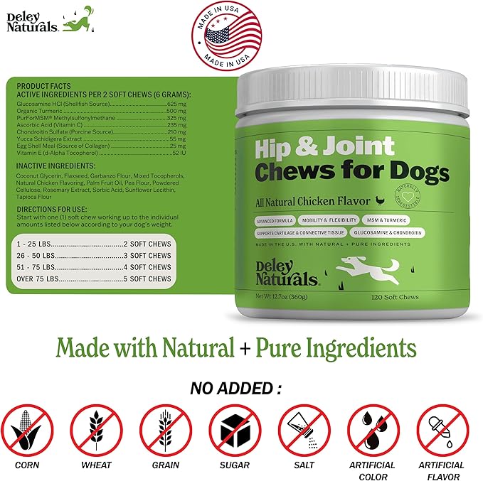 Deley Naturals Hip and Joint Supplement for Dogs - Glucosamine Chondroitin MSM & Collagen for Dogs - Dog Joint Supplement, Smaller Chews, Low Calories, Same Ingredients - 120 Chicken Flavor Chews