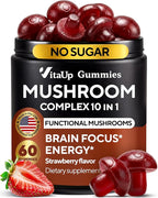 VitaUp Mushroom Supplement - USA Made 10 in 1 Mushroom Gummies - Mushroom Complex with Lions Mane, Cordyceps, Turkey Tail, Reishi, Shiitake for Cognitive & Immune Support - 60 Count