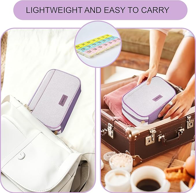 Weekly Travel Pill Organizer 2 Times A Day Pill Case for Purse with Removable AM PM 7 Day Pill Box Holder,Cute Medication Organizer Pill Container for Medicine, Vitamin, Supplement (Purple, Medium)