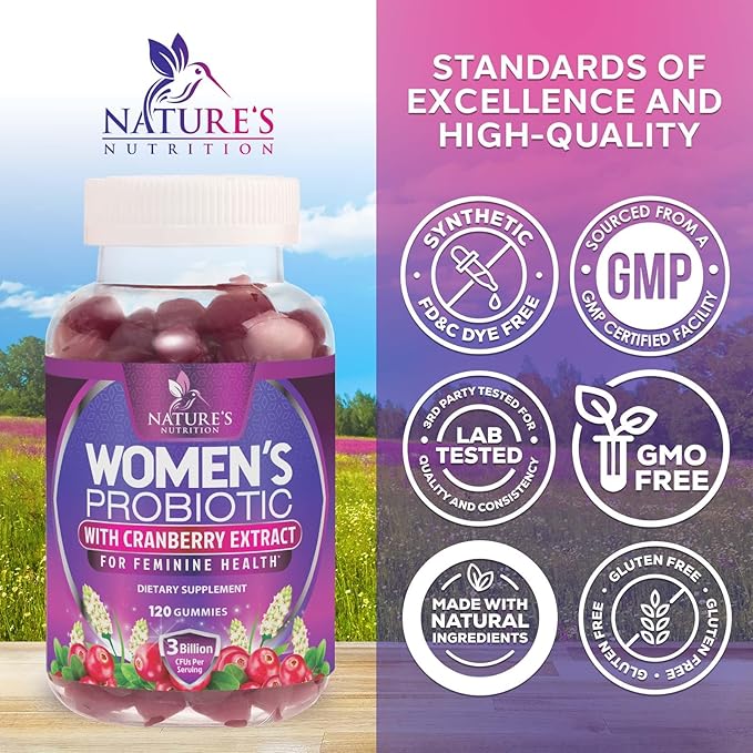 Nature's Nutrition Probiotics for Women Gummies with Cranberry - 6 Premium Strains for PH Balance, Digestive Health, Vaginal & Immune Support, Women's Probiotic Gummy for Feminine Health - 120 Gummies
