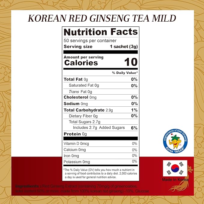 SAMSIDAE Korean Panax Red Ginseng Instant Tea, Box of 50 Sachets, Improves Blood Circulation, Intellectual Performances and Memory, stimulates Energy