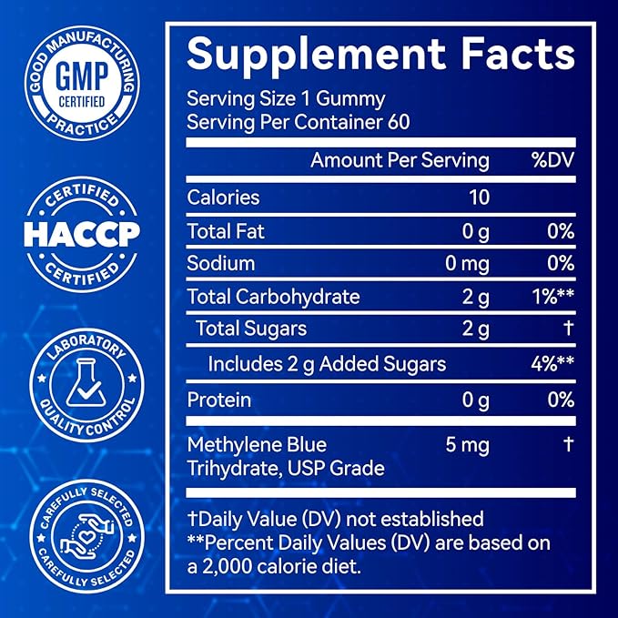 Methylene Blue Gummies 60 Count, 5mg Per Gummy, 99.9% Pure Methylene Blue Supplement, Supports Cognitive Function, Mental Focus & Cellular Energy, Antioxidant Support, Vegan Non-GMO Daily Supplement