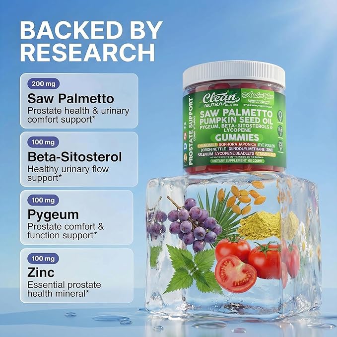 AndroFlow Saw Palmetto and Pumpkin Seed Oil Prostate Health Supplements for Men Pygeum Beta Sitosterol Lycopene Boron Zinc Selenium DIM Stinging Nettle Vitamin D, 60 Gummy Supplements By Clean Nutra