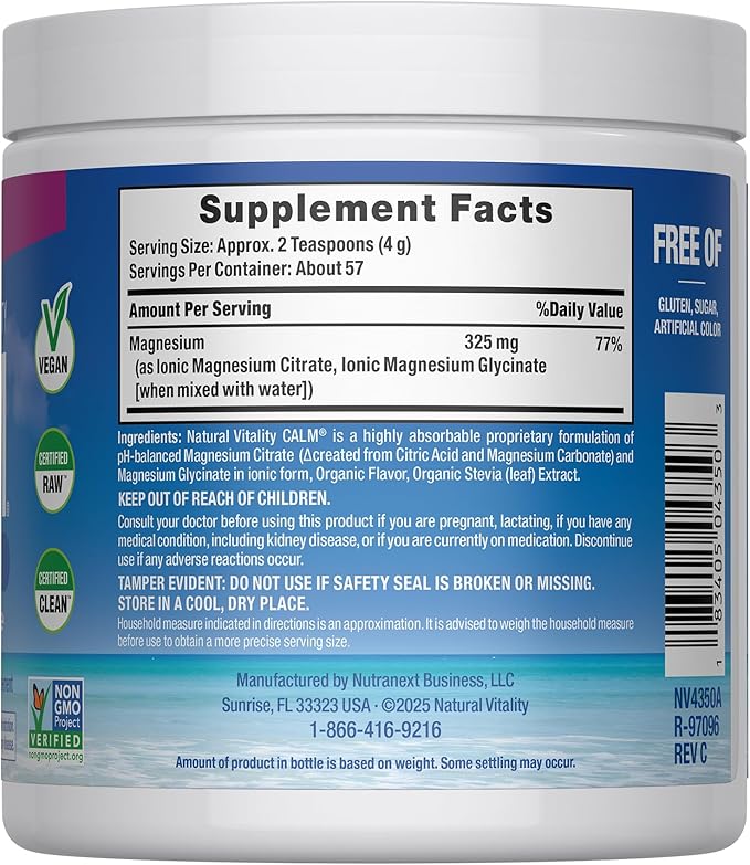 NATURAL VITALITY Raspberry Lemon Calm Magnesium Drink Mix, 8 OZ