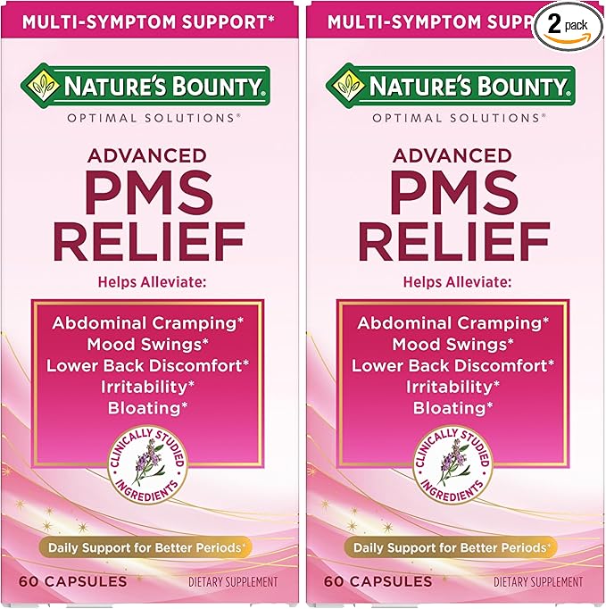 Nature's Bounty Optimal Solutions Advanced PMS Relief for Menstrual Cycle Support, PMS Support Supplement for Women, Bloating Relief – Chasteberry, Hormone-Free, 60 Vegetarian Capsules (Pack of 2)