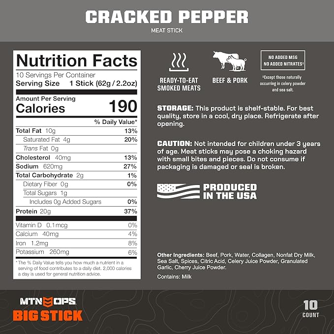 MTN OPS Big Stick High Protein Meat Sticks - 20g Protein, 10% Collagen - Cracked Pepper Flavor - Individually Wrapped Beef Snacks - 10 Count Carton