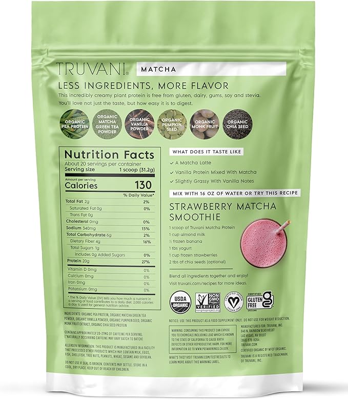 Truvani Vegan Pea Protein Powder | Matcha | 20g Organic Plant Based Protein | 20 Servings | Keto | Gluten & Dairy Free | Low Carb | No Added Sugar