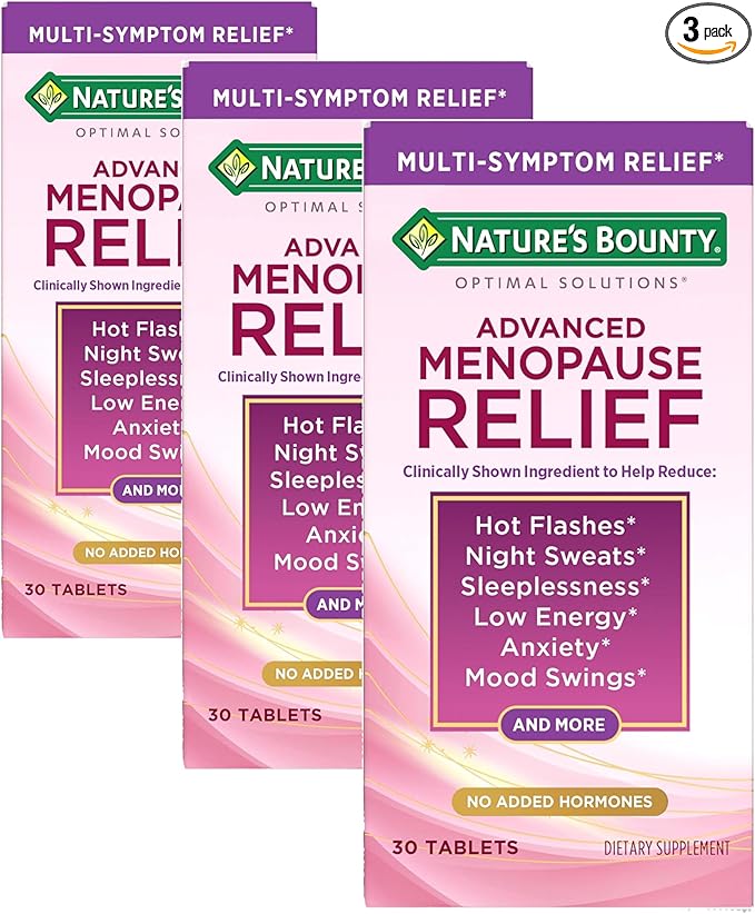 Nature's Bounty Optimal Solutions Advanced Menopause Relief, Menopause Supplement for Women Featuring Siberian Rhubarb, Hotflash Relief, No Added Hormones, Drug-Free, 30 Tablets, 30 Total Servings