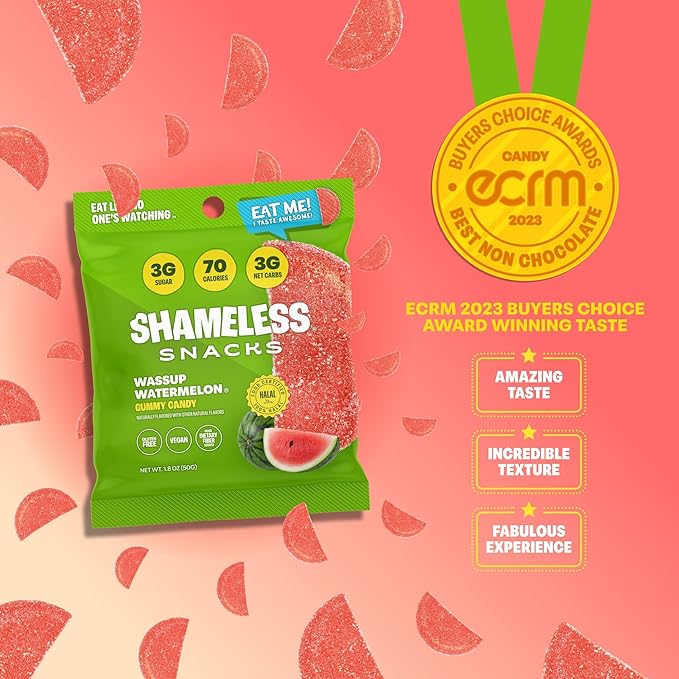 Shameless Snacks - Healthy Low Calorie Snacks, Low Carb Keto Gummies (Gluten Free Candy) - 6 Pack Wassup Watermelon