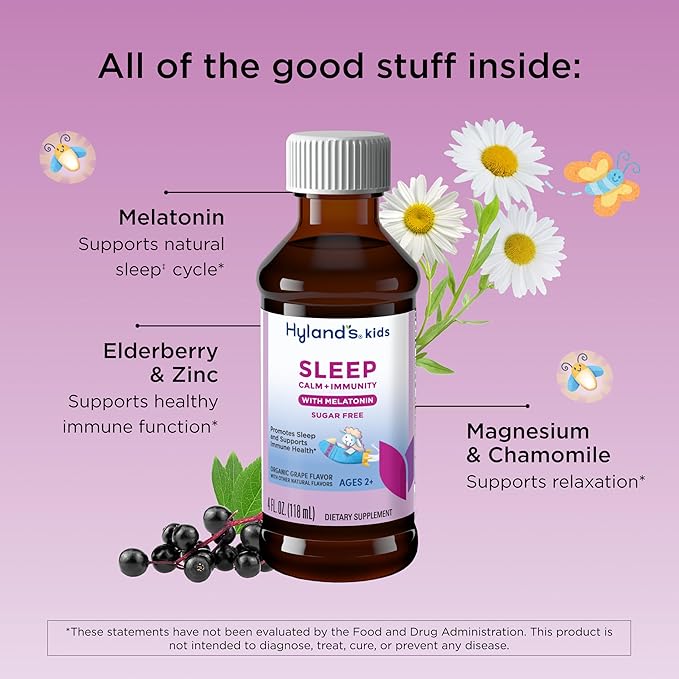Hyland's Kids Sleep Calm & Immunity with Melatonin, Sugar-Free Sleep Aid Liquid with Magnesium, Vitamin D, Zinc & Elderberry, Promotes Sleep & Supports Immune Health, Ages 2+, Grape Flavor, 4 Fl. Oz.