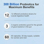 Probiotic 300 Billion CFU - 12 Strains with Organic Prebiotics for Digestive & Gut, Immune, Bloating Health - Probiotics for Women and Men - Daily Dairy Free, Shelf Stable - 120 Counts