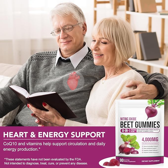 Super Beet Root Gummies, Beet root capsules for Blood Pressure, Heart Health, 8 in 1 Beetroot 4,000mg with Grape Seed Extract & CoQ10, 90 Count, Healthy Energy Supplement with Elite Ingredients