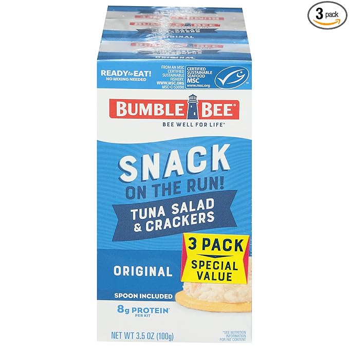 Bumble Bee Snack On The Run! Protein Snack Pack - 8g Protein per Box - Original Tuna Salad with Crackers Kit - Ready to Eat Easy-Open Can - Wild Caught MSC-Certified Tuna (Pack of 3)
