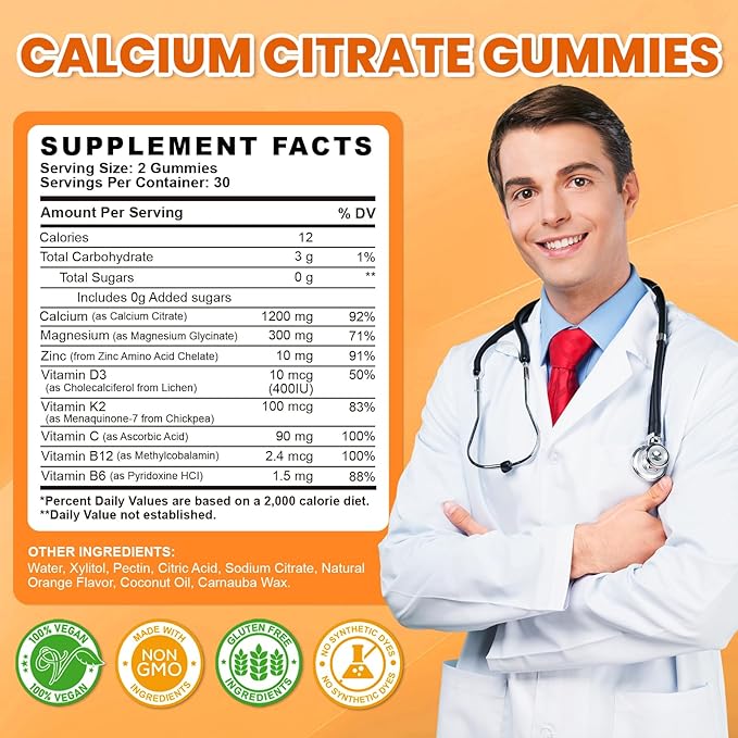 Calcium Citrate Gummies - 1200mg Calcium Gummies Supplements for Women & Men with Vitamin D3, K2, Magnesium, Zinc High Absorption for Bone, Muscle & Immune Support, Orange Flavor, 60 Count