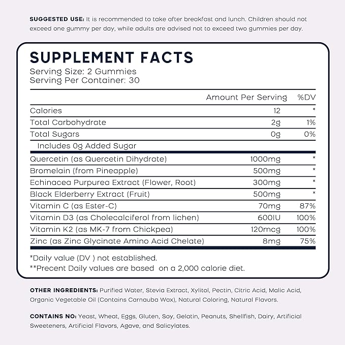 (2 Pack) Quercetin Gummies with Bromelain Zinc Elderberry Vitamin C D3 K2, Quercetin 1000mg Supplement with Bromelain 500mg for Cardiovascular, Immune System & Allergy, Vegan Gummy for Adult & Kid