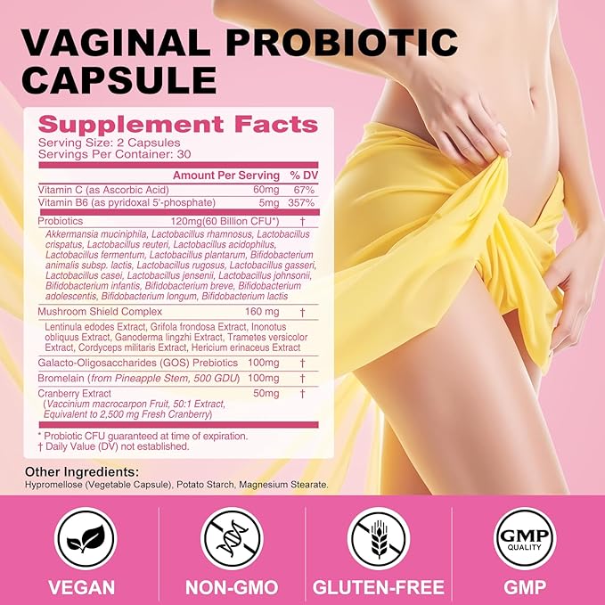 Vaginal Probiotics for Women, 60 Billion CFU with Akkermansia Probiotics and Prebiotics Supplement for Vaginigal Health, pH Balance, Moisture, Odor Control, Non-GMO, Third-Party Tested