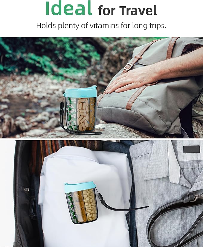 PULIV Large Supplement Organizer Bottle, Holds Plenty of 6 Various Vitamins in 1 Pill Dispenser with Anti-Mixing & Wide Openings Design, Easy to Retrieve Meds, Includes 20 Pcs Stick-on Labels Cyan