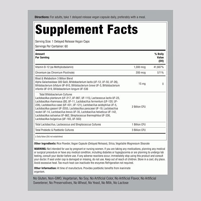 Piping Rock Bloat and Metabolism Probiotic | 90 Capsules | 14 Strain Probiotic Blend | Supports Regularity, Sugar Metabolism, and Cellular Energy for Men and Women | Non-GMO and Gluten Free