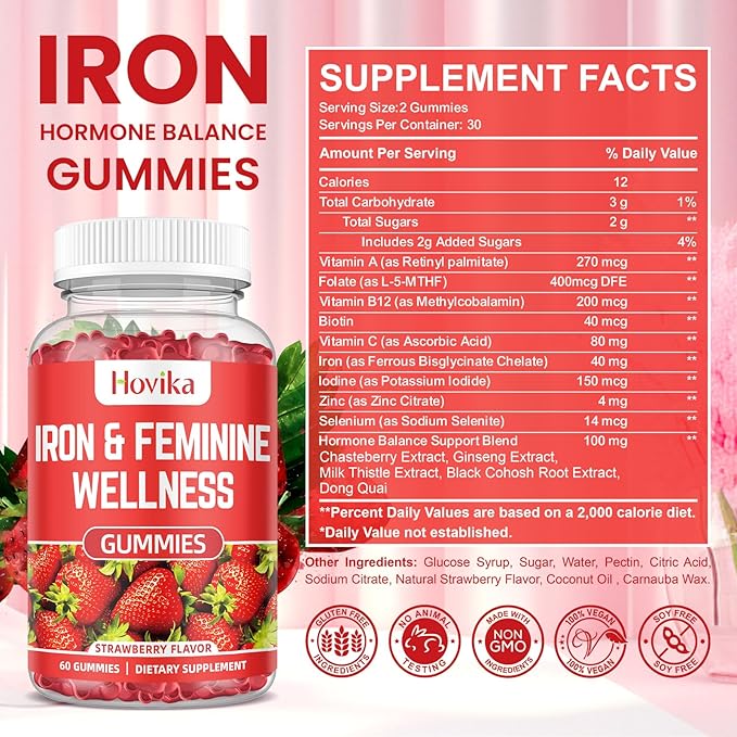 Iron for Women Gummies, 40mg Iron Supplement Anemia with multivitamin for Women, Zinc, Selenium, Iodine - for Iron Deficiency - Natural Hormonal Support for PMS, Strawberry Flavour, 2 Pack