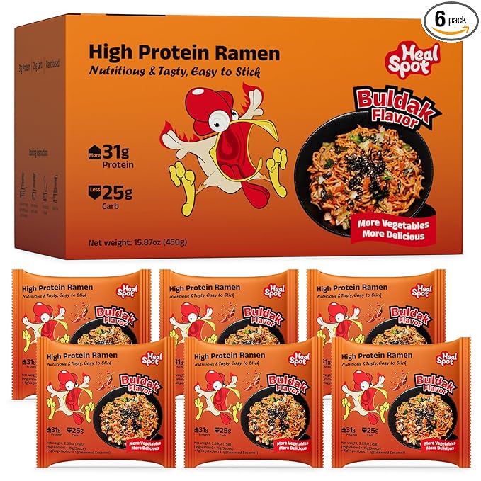 Healspot High Protein Spicy Buldak Noodles, Dry Tossed Ramen, 31g Plant-Based Protein, Low Fat, Low Carb, Non GMO, Keto Friendly & Plant Based (6 packs)