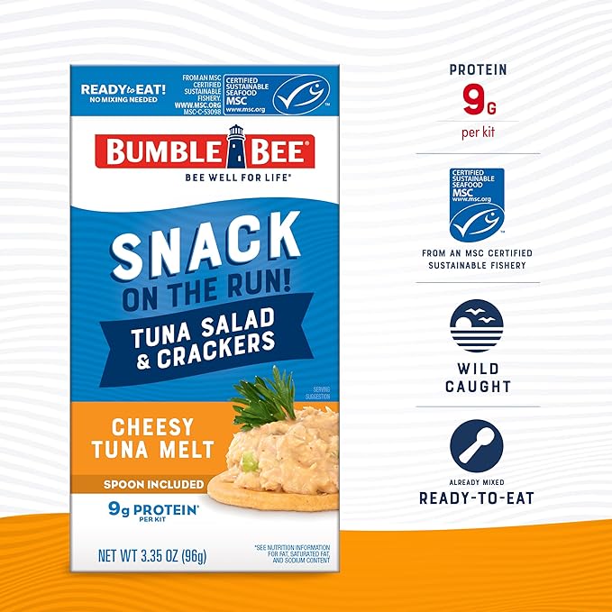 Bumble Bee Snack On The Run! Protein Snack Pack - 9g Protein per Box - Cheesy Melt Tuna Salad with Crackers Kit - Ready to Eat Easy-Open Can - Wild Caught MSC-Certified Tuna (Pack of 12)