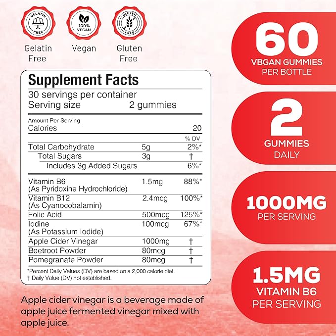 Peakhealth Apple Cider Vinegar Gummies with Vitamins - Delicious Apple Flavor for Women's Health, Metabolism Support & Digestive Wellness, 1000mg ACV with B12, B6, Folic Acid, 60 Vegan Gummies
