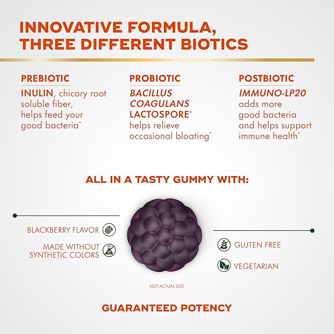 Align Probiotic, 3-in-1 Biotic Gummies, Prebiotic + Probiotic + Postbiotic, #1 Doctor Recommended Probiotic Brand‡, Helps Relieve Occasional Bloating*, BlackBerry Flavor, 50 Gummies