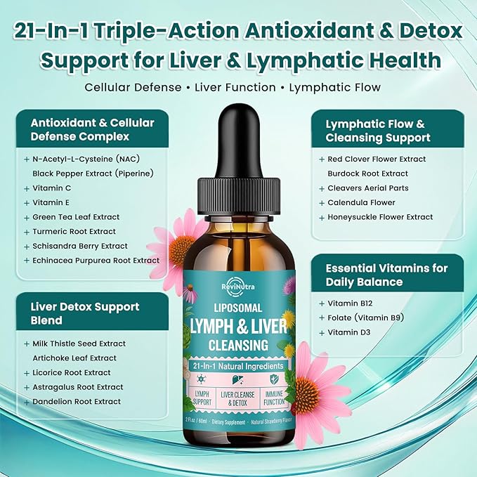Liposomal Lymphatic Drainage Drops, Liver Cleanse Detox & Repair Liquid Supplement with Milk Thistle, Dandelion, Burdock Root & Echinacea - Lymph & Liver Detox, Antioxidant, Strawberry Flavor 2 Fl Oz